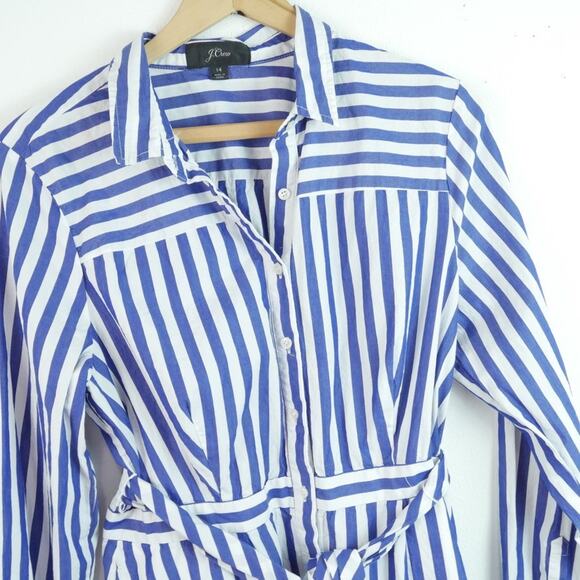 J Crew Striped Shirtdress 14 Blue White Belted Midi A Line Preppy Cotton Classic - Picture 3 of 11